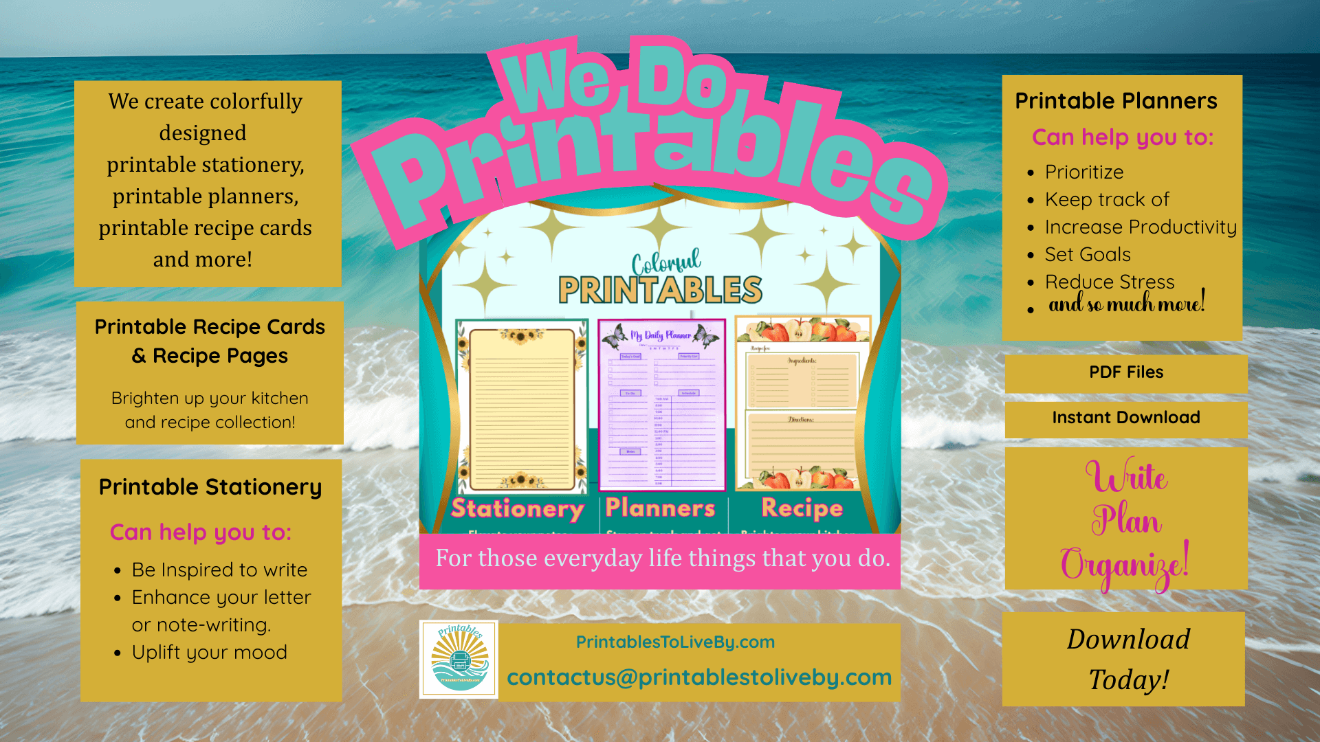 We Do Printables showing printable planner, stationery. recipe card. Text what we do for you