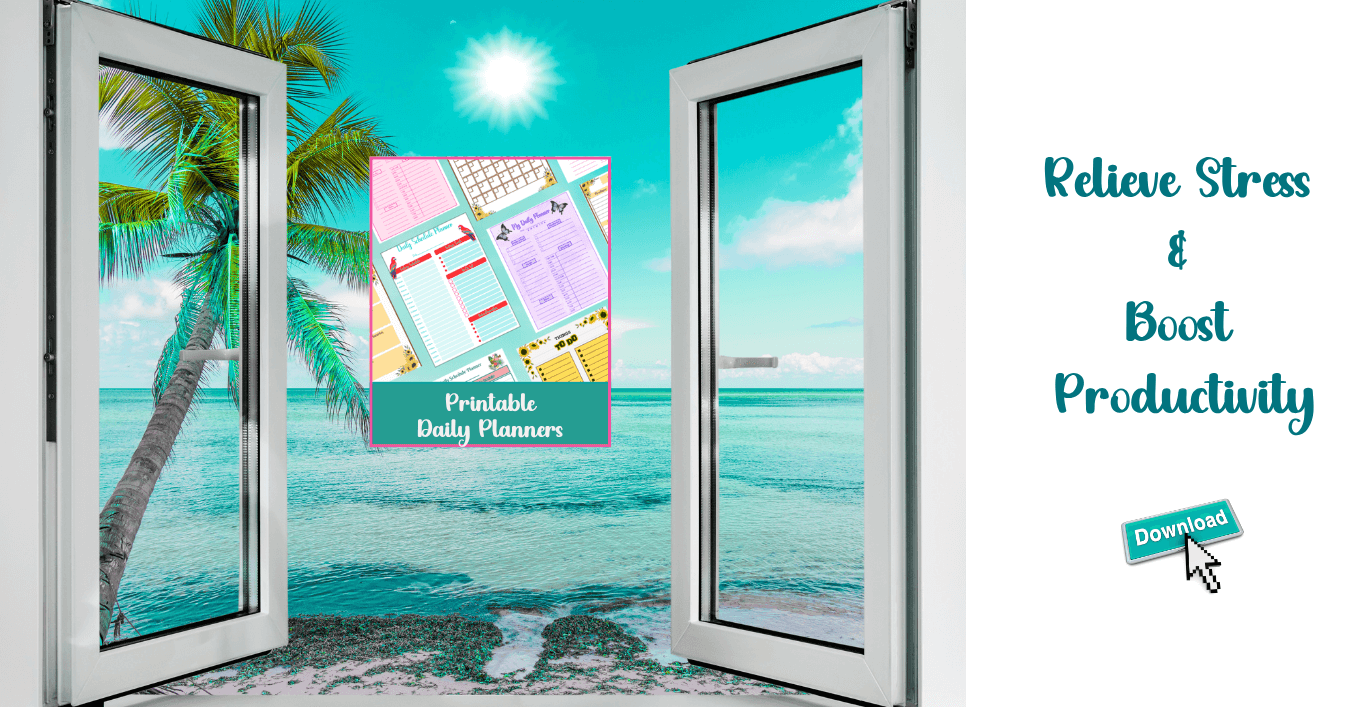 door opening to calming ocean scene relating to a printable planner as stress reliever